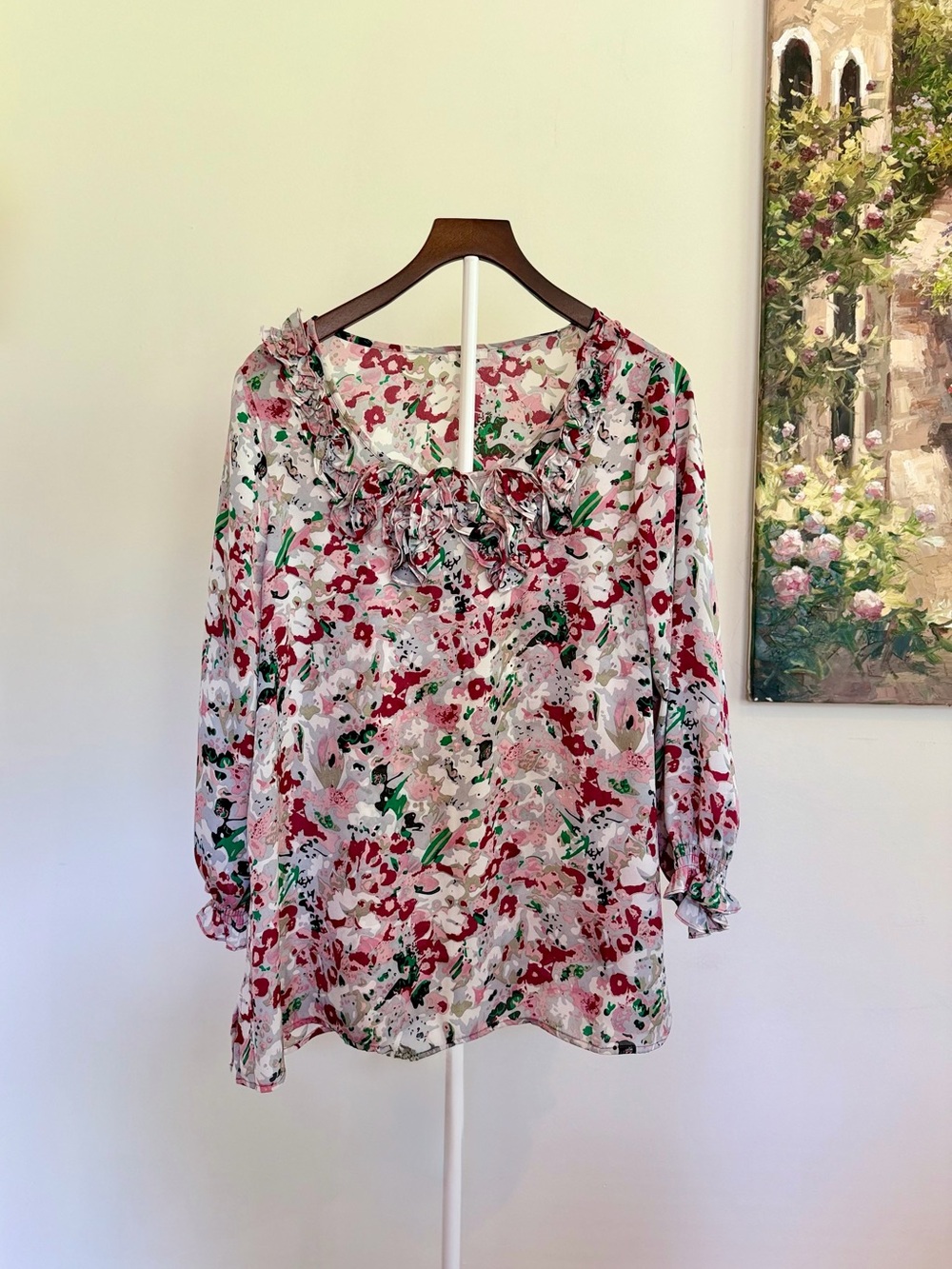 Nicola Large Dusty Rose Floral Peasant Tunic Blouse Ruffle Neck Sleeve Boho Top